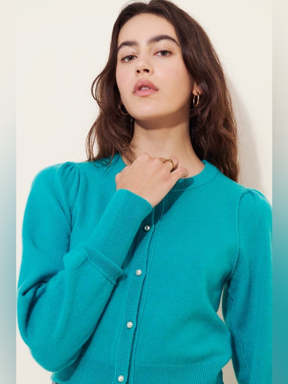 Medium Free People Pearl cashmere button cardigan sweater Teal Cropped - Picture 7 of 15